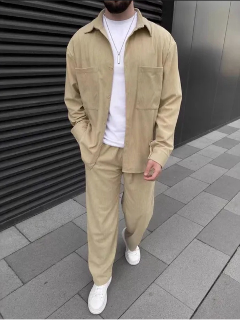 Men’s Corduroy Matching Set Long Sleeve Shirt Jacket with Relaxed Fit Trousers